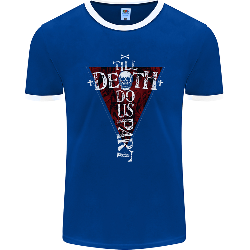 Death Do Us Part Gothic Skull Biker Cross Mens Ringer T-Shirt FotL Royal Blue/White