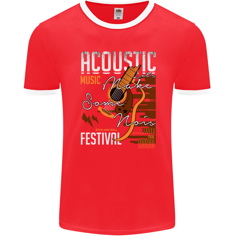 Acoustic Music Country & Western Guitar Mens Ringer T-Shirt FotL Red/White