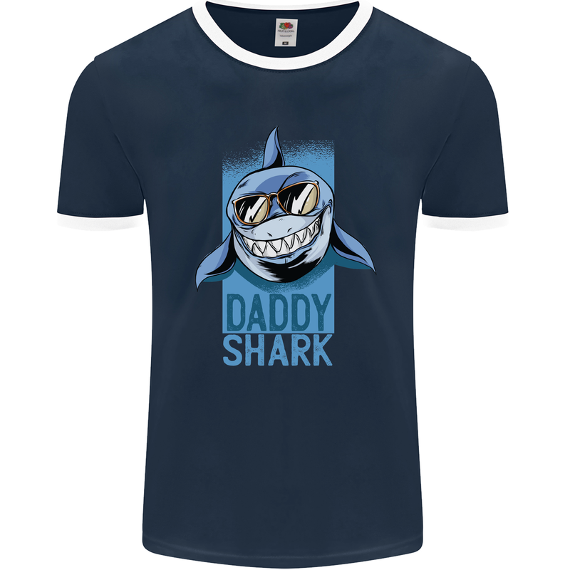 Daddy Shark Funny Father's Day Mens Ringer T-Shirt FotL Navy Blue/White