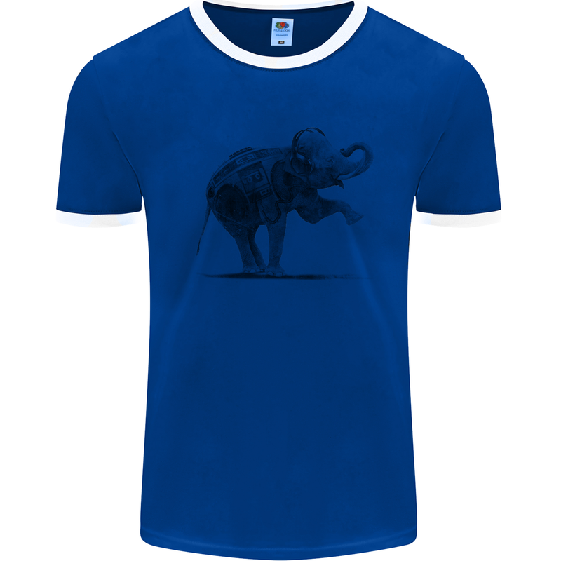 Dancing Musical Elephant Ghetto Blaster Mens White Ringer T-Shirt Royal Blue/White