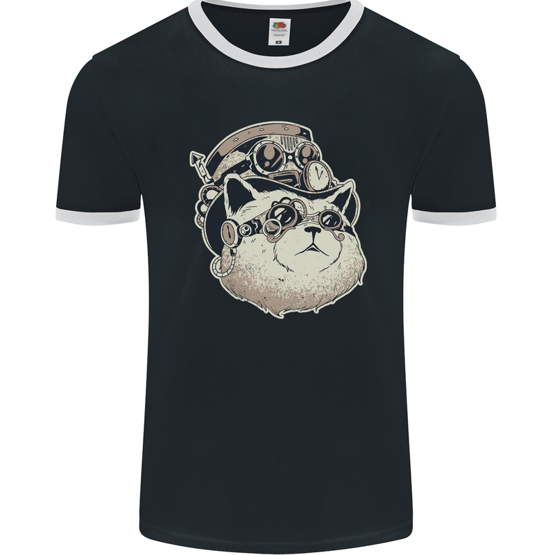 Steampunk Cat Mens Ringer T-Shirt FotL Black/White