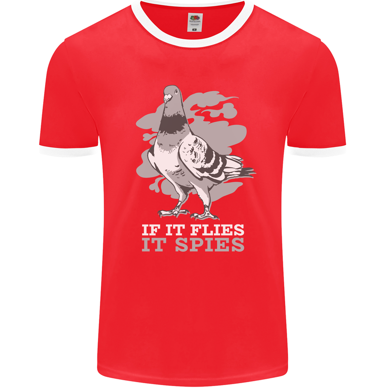 If it Flies it Spies Conspiracy Pigeon Mens Ringer T-Shirt FotL Red/White