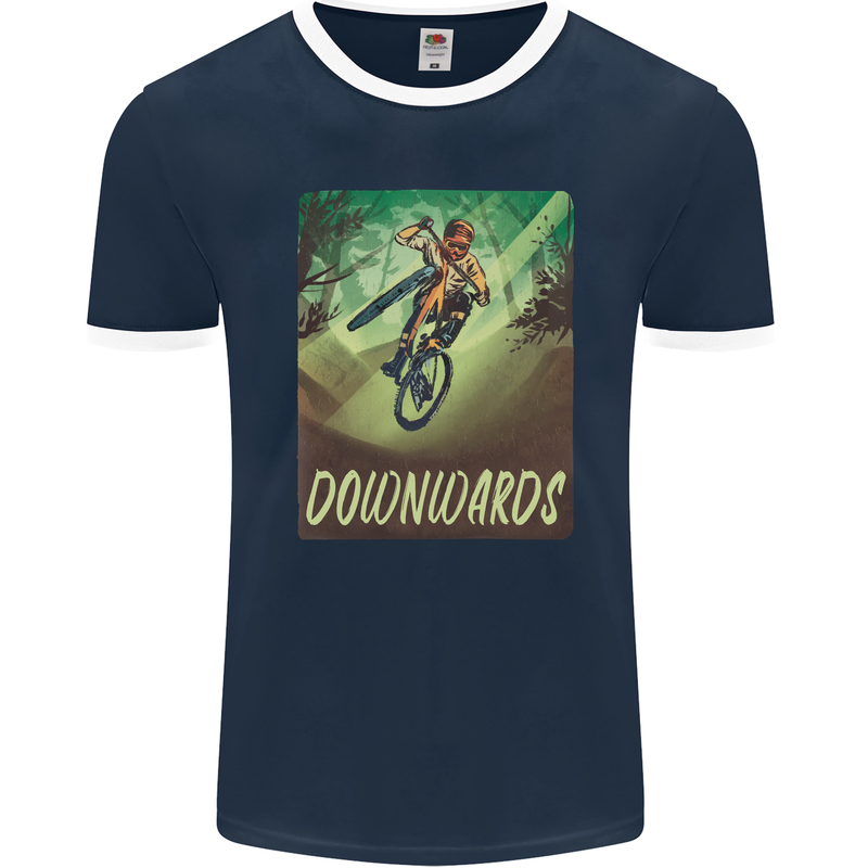 Downhill Mountain Biking DH Cycling Bicycle Mens Ringer T-Shirt FotL Navy Blue/White