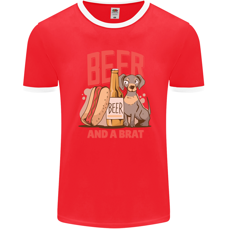 Beer and a Brat Funny Dog Alcohol Hotdog Mens Ringer T-Shirt FotL Red/White