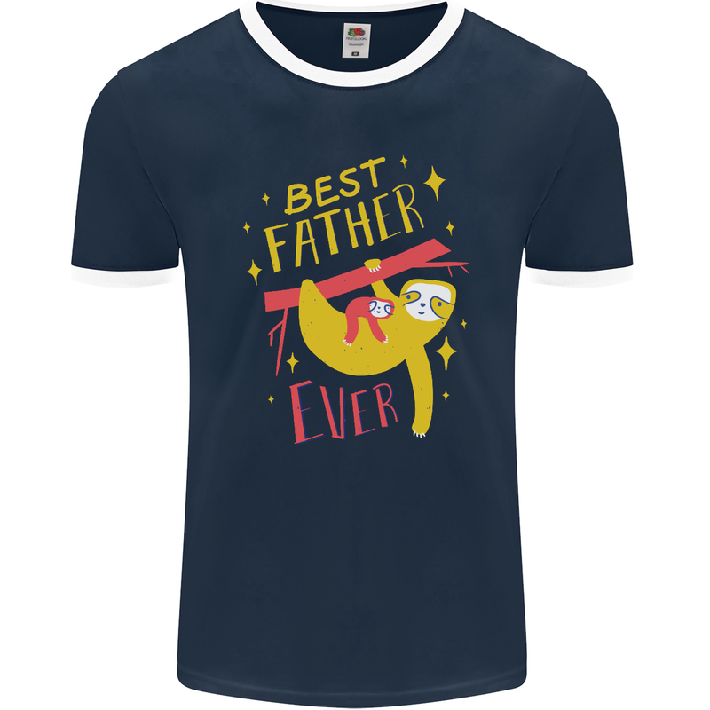 Fathers Day Funny Sloth Dad Daddy Papa Mens Ringer T-Shirt FotL Navy Blue/White