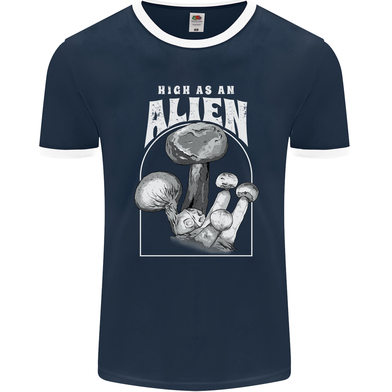 High as An Alien Magic Mushrooms LSD Trippy Mens Ringer T-Shirt FotL Navy Blue/White