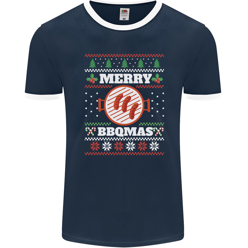 Merry BBQMAS Funny Christmas BBQ Xmas Mens Ringer T-Shirt FotL Navy Blue/White