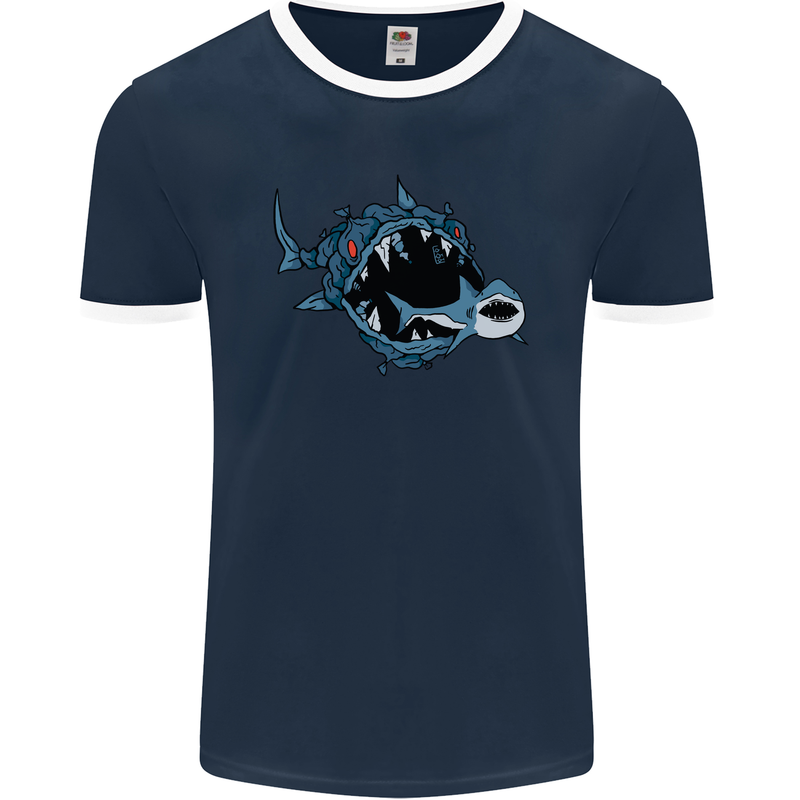 Pollution Great White Shark Climate Change Mens Ringer T-Shirt FotL Navy Blue/White