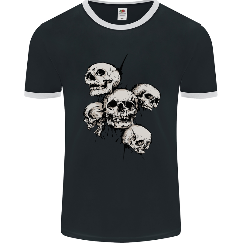 5 Skulls Demons Biker Gothic Heavy Metal Mens Ringer T-Shirt FotL Black/White