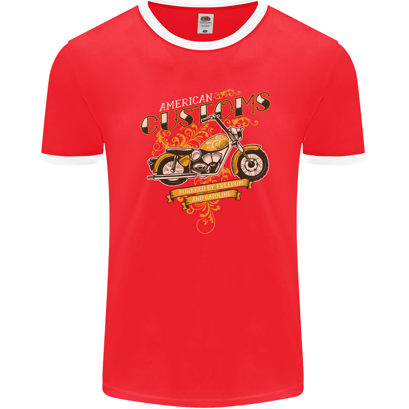 Biker American Customs Motorcycle Chopper Mens Ringer T-Shirt FotL Red/White