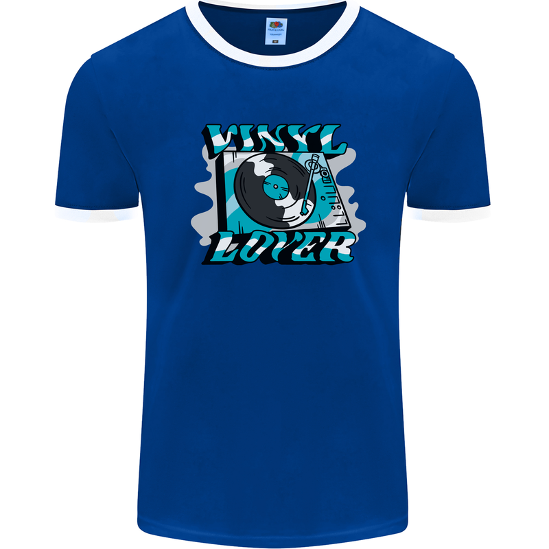 Vinyl Records Lover Decks Turntable DJ Mens Ringer T-Shirt Royal Blue/White