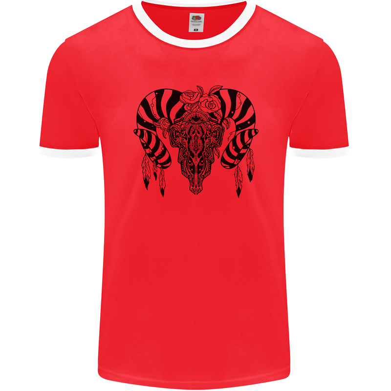 Tribal Bull Skull Buffalo Mens Ringer T-Shirt FotL Red/White