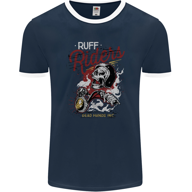 Biker Ruff Riders Motorcycle Motorbike Mens Ringer T-Shirt FotL Navy Blue/White