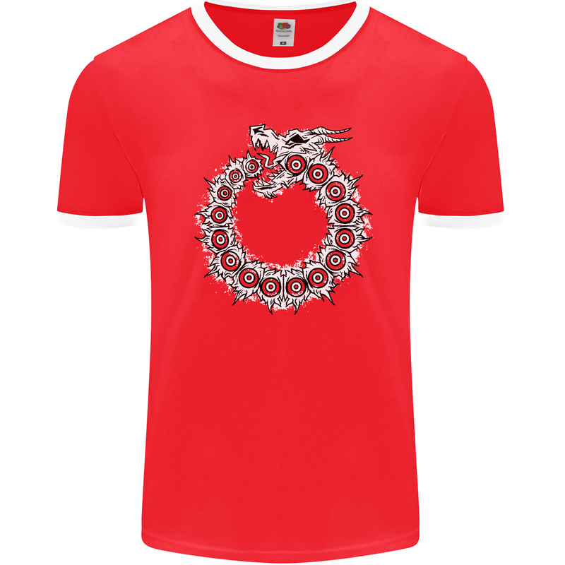 Dragon Symbol Fantasy Chinese Japanese Mens Ringer T-Shirt FotL Red/White