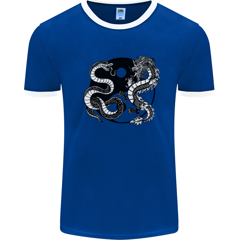 Yin Yang Dragons Japan Japanese Mens White Ringer T-Shirt Royal Blue/White
