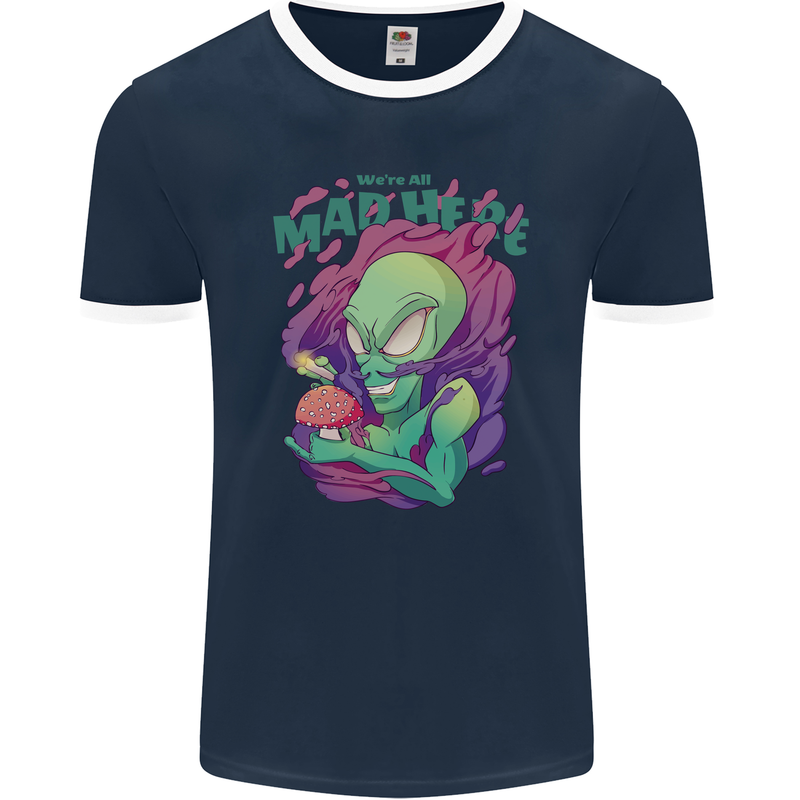 All Mad Here Alien Magic Mushrooms Mens Ringer T-Shirt FotL Navy Blue/White