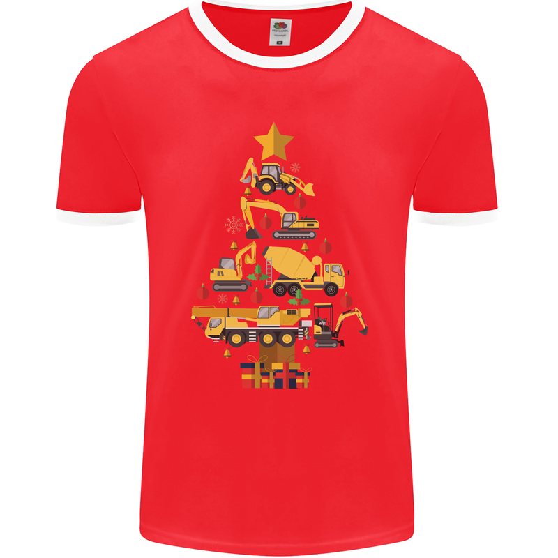 Construction Christmas Tree Digger Lorry Crane Mens Ringer T-Shirt FotL Red/White