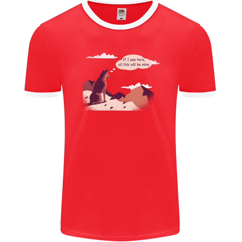 Peeing Dog in the Mountains Funny Mens Ringer T-Shirt FotL Red/White
