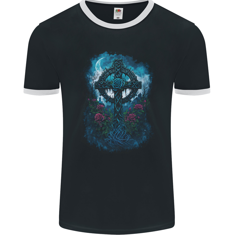 Celtic Cross in a Gothic Graveyard Mens Ringer T-Shirt FotL Black/White