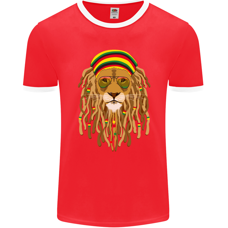 Dreadlock Rasta Lion Jamaica Jamaican Mens Ringer T-Shirt FotL Red/White