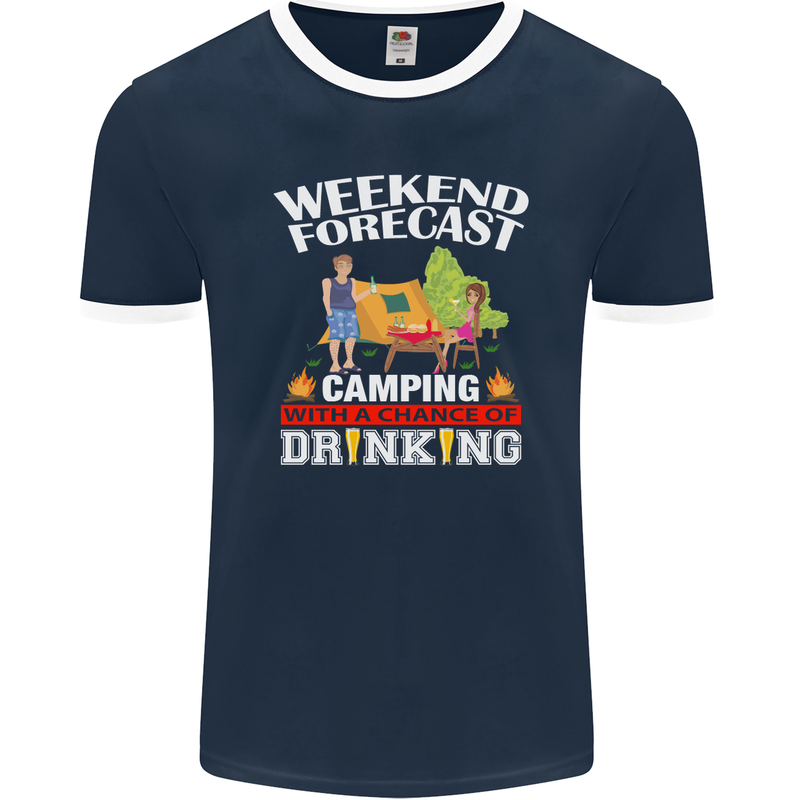 Camping Weekend Forecast Funny Alcohol Beer Mens Ringer T-Shirt FotL Navy Blue/White