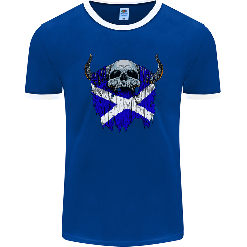 Scotland Flag Skull Scottish Biker Gothic Mens Ringer T-Shirt FotL Royal Blue/White