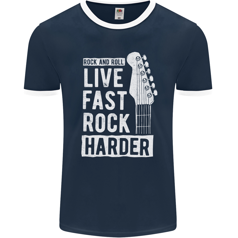 Live Fast Rock Harder Guitar & Roll Music Mens Ringer T-Shirt FotL Navy Blue/White