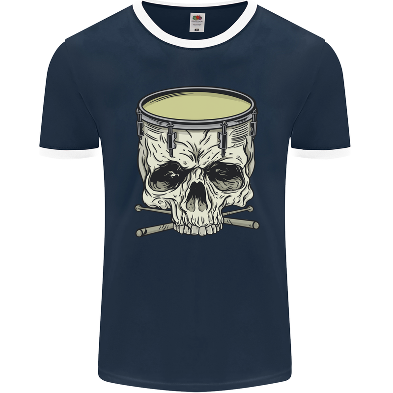 Skull Snare Drum Drummer Drumming Mens Ringer T-Shirt FotL Navy Blue/White