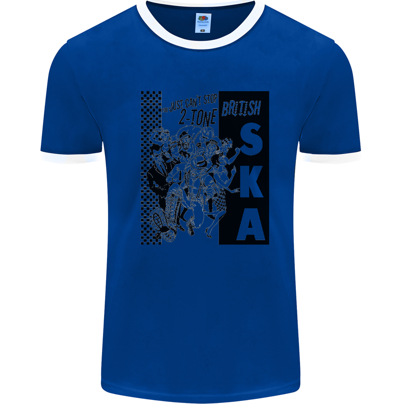 Can't Stop 2-Tone British SKA 2Tone Mens White Ringer T-Shirt Royal Blue/White