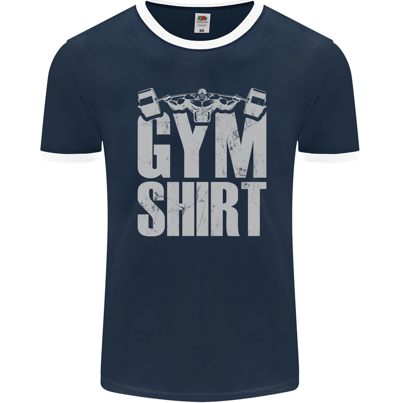 Gym Training Top Bodybuilding Weightlifting Mens Ringer T-Shirt FotL Navy Blue/White