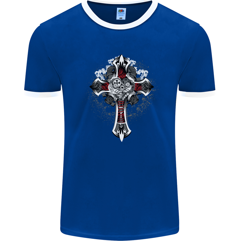 Steampunk Cross Gothic Heavy Metal Biker Mens Ringer T-Shirt FotL Royal Blue/White