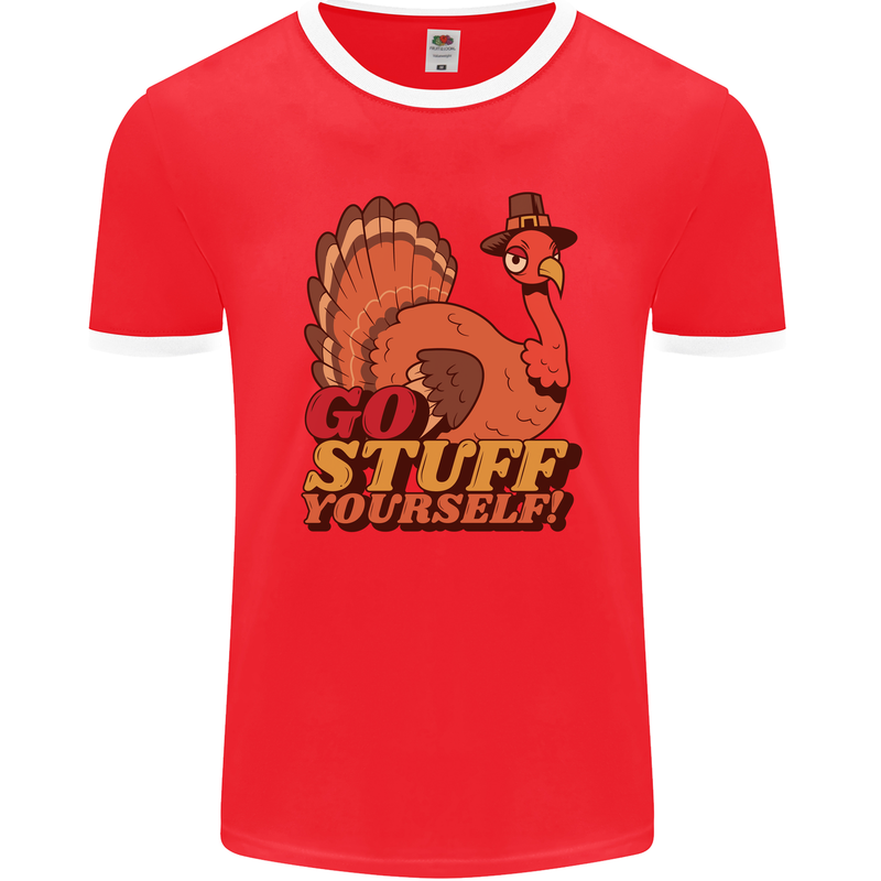 Stuff Yourself Funny Vegetarian Vegan Turkey Mens Ringer T-Shirt FotL Red/White