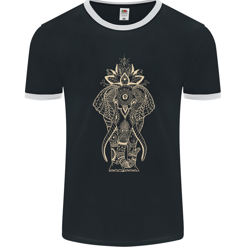 Gold Mandala Art Elephant Mens Ringer T-Shirt FotL Black/White