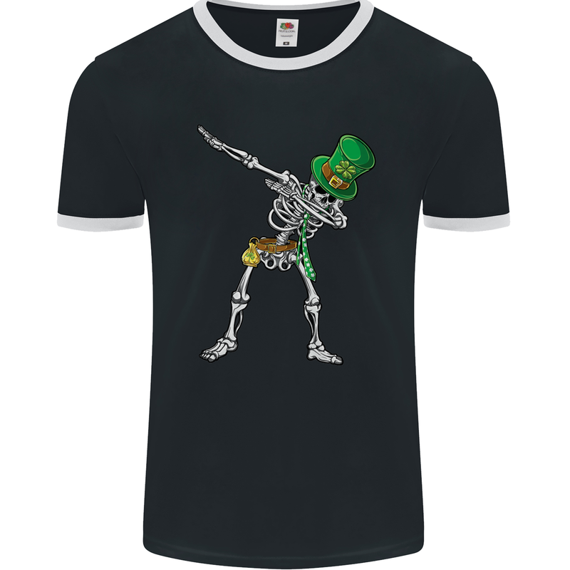 St Patricks Day Dabbing Skeleton Skull Mens Ringer T-Shirt FotL Black/White