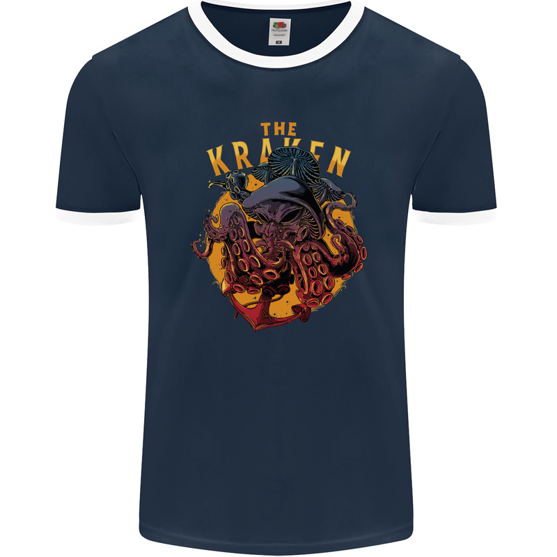 The Kraken Octopus Cthulhu Scuba Diving Mens Ringer T-Shirt FotL Navy Blue/White