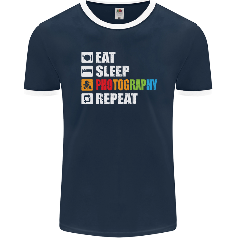 Photography Eat Sleep Photographer Funny Mens Ringer T-Shirt FotL Navy Blue/White