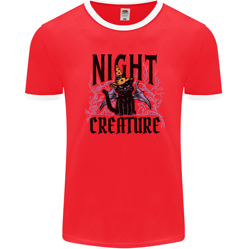 Halloween Cat Night Creature Witch Mens Ringer T-Shirt FotL Red/White