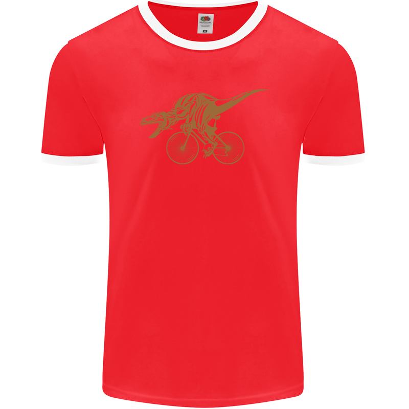 T-Rex Dinosaure Riding a Bicycle Cycling Mens Ringer T-Shirt FotL Red/White