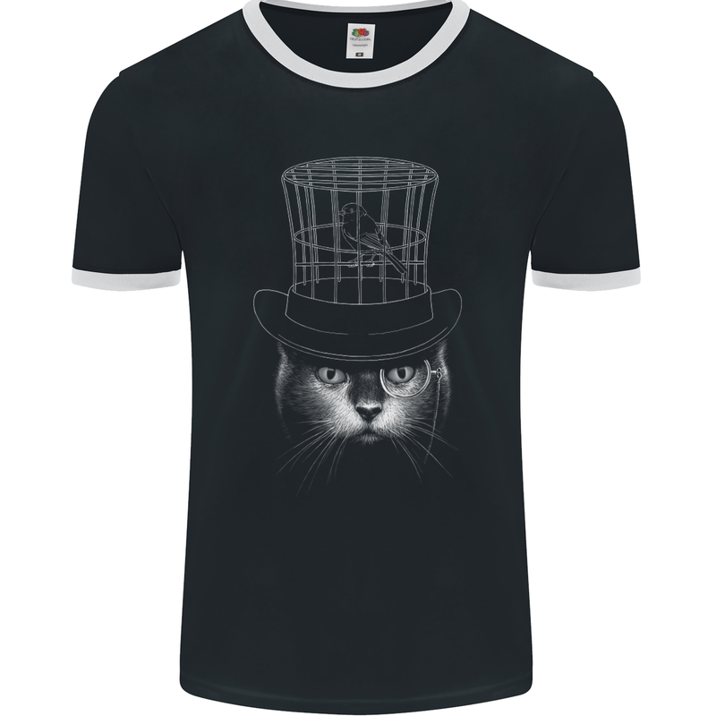 Under My Hat Funny Cat Bird Cage Mens Ringer T-Shirt FotL Black/White