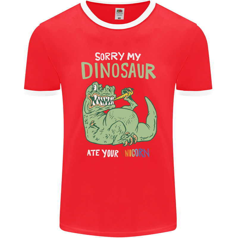 My Dinosaur Ate Your Unicorn Funny T-Rex Mens Ringer T-Shirt FotL Red/White