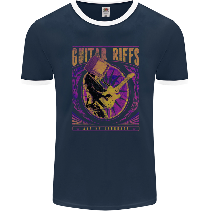 Guitar Riffs Are My Language Guitarist Mens Ringer T-Shirt FotL Navy Blue/White