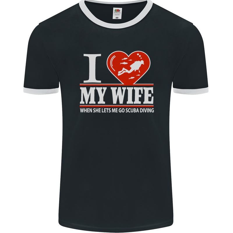 I Heart My Wife Scuba Diving Diver Dive Mens Ringer T-Shirt FotL Black/White