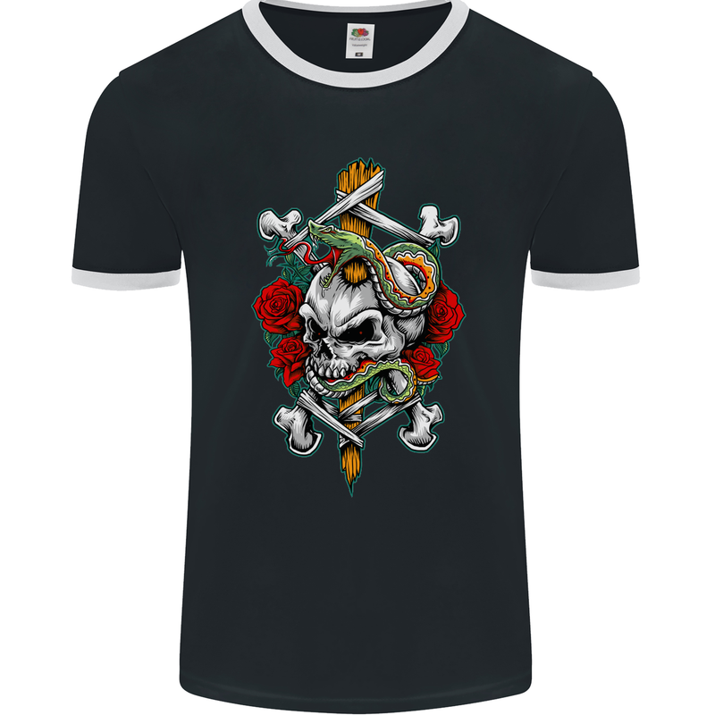 Skull and Snake Biker Heavy Metal Gothic Mens Ringer T-Shirt FotL Black/White