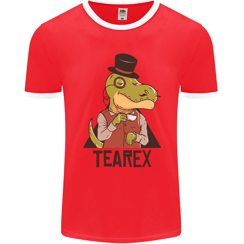 TeaRex Funny T-Rex Dinosaur Tea Drinker Mens Ringer T-Shirt FotL Red/White