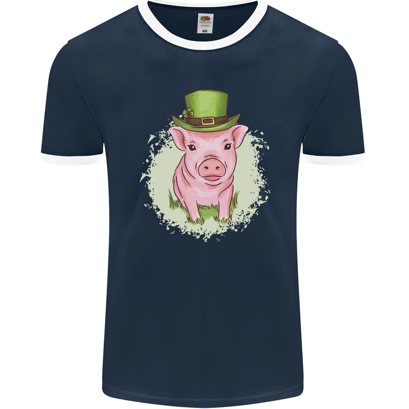 St Patricks Day Pig Mens Ringer T-Shirt FotL Navy Blue/White