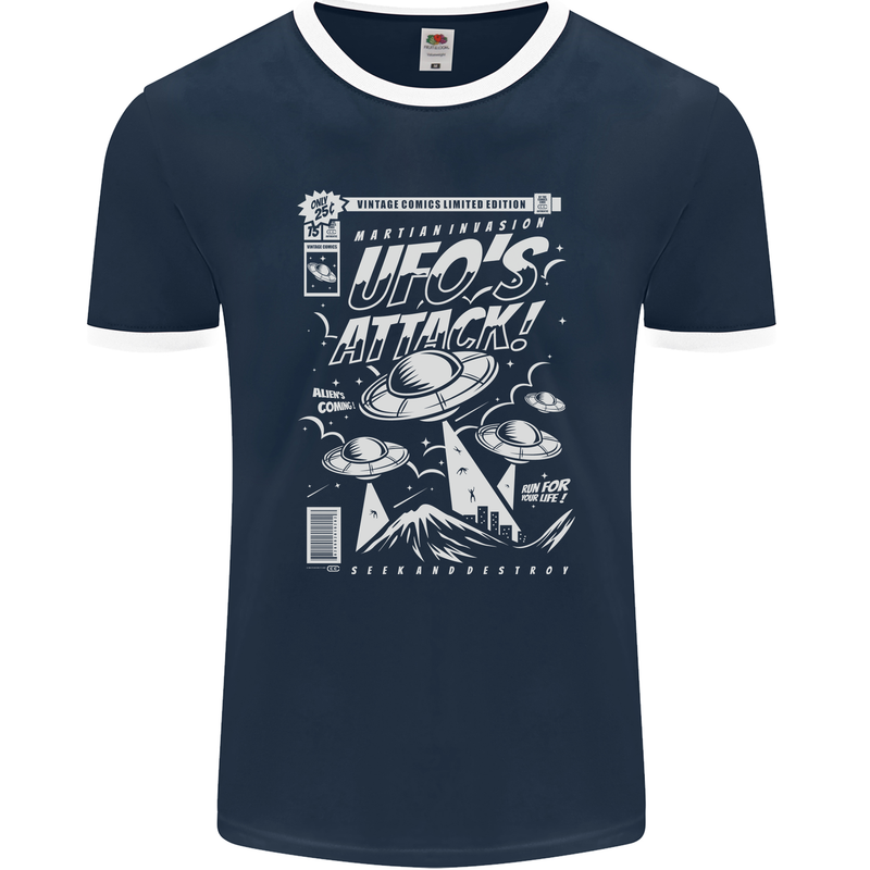 UFO's Attack! Aliens Out of Space Mens Ringer T-Shirt FotL Navy Blue/White