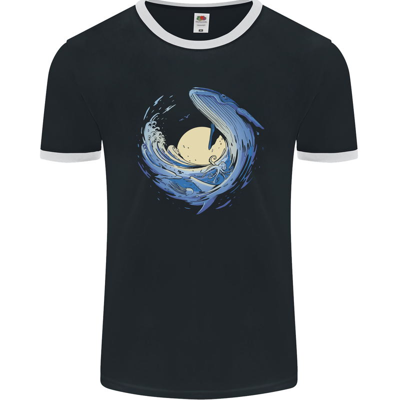 Ocean Whale & Octopus Mens Ringer T-Shirt FotL Black/White