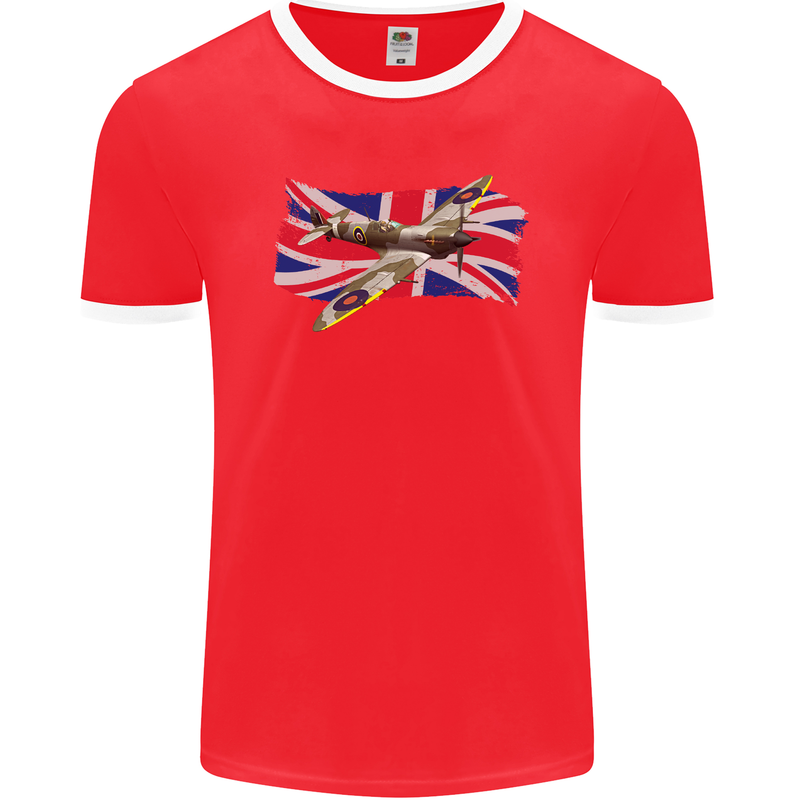 Supermarine Spitfire with the Union Jack Mens Ringer T-Shirt FotL Red/White