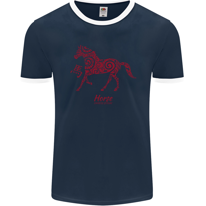 Chinese Zodiac Shengxiao Year of the Horse Mens Ringer T-Shirt FotL Navy Blue/White