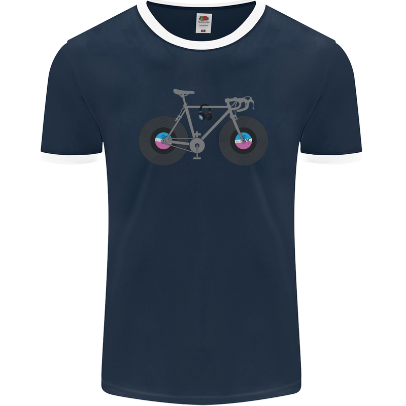 Cycling Music Cyclist Funny Bicycle Bike Mens Ringer T-Shirt FotL Navy Blue/White